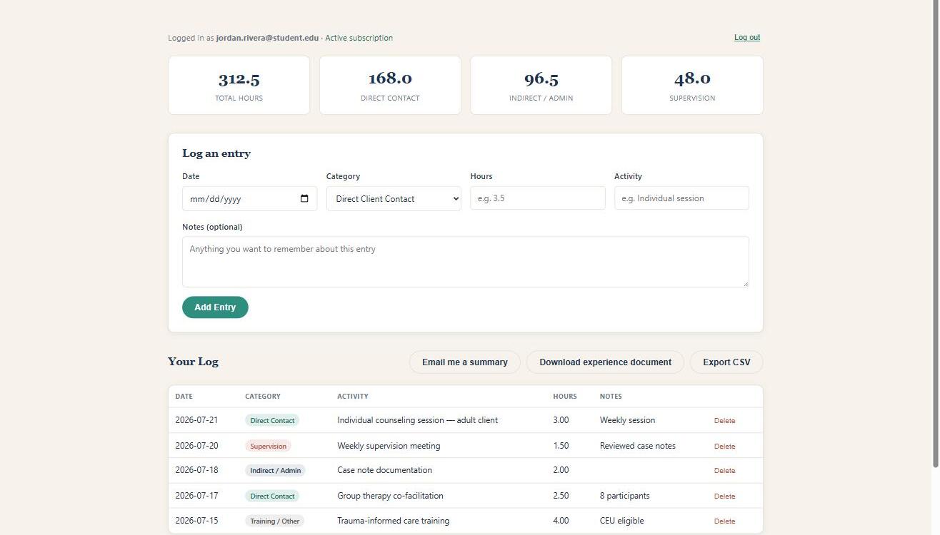 Screenshot of the Field Hours Tracker dashboard showing hour totals and a logged entry table